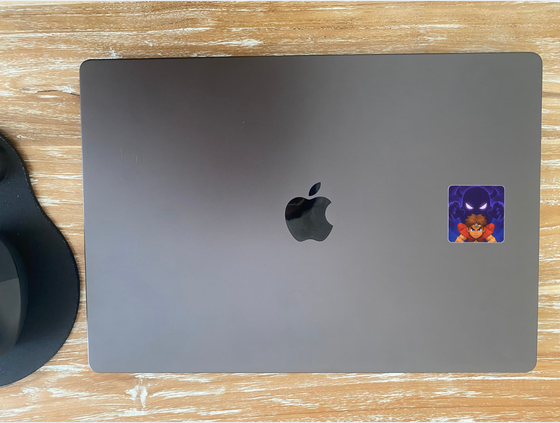 The stickers on Your logo on my mac - Help fund Favour’s laptop, photographed by the seller
